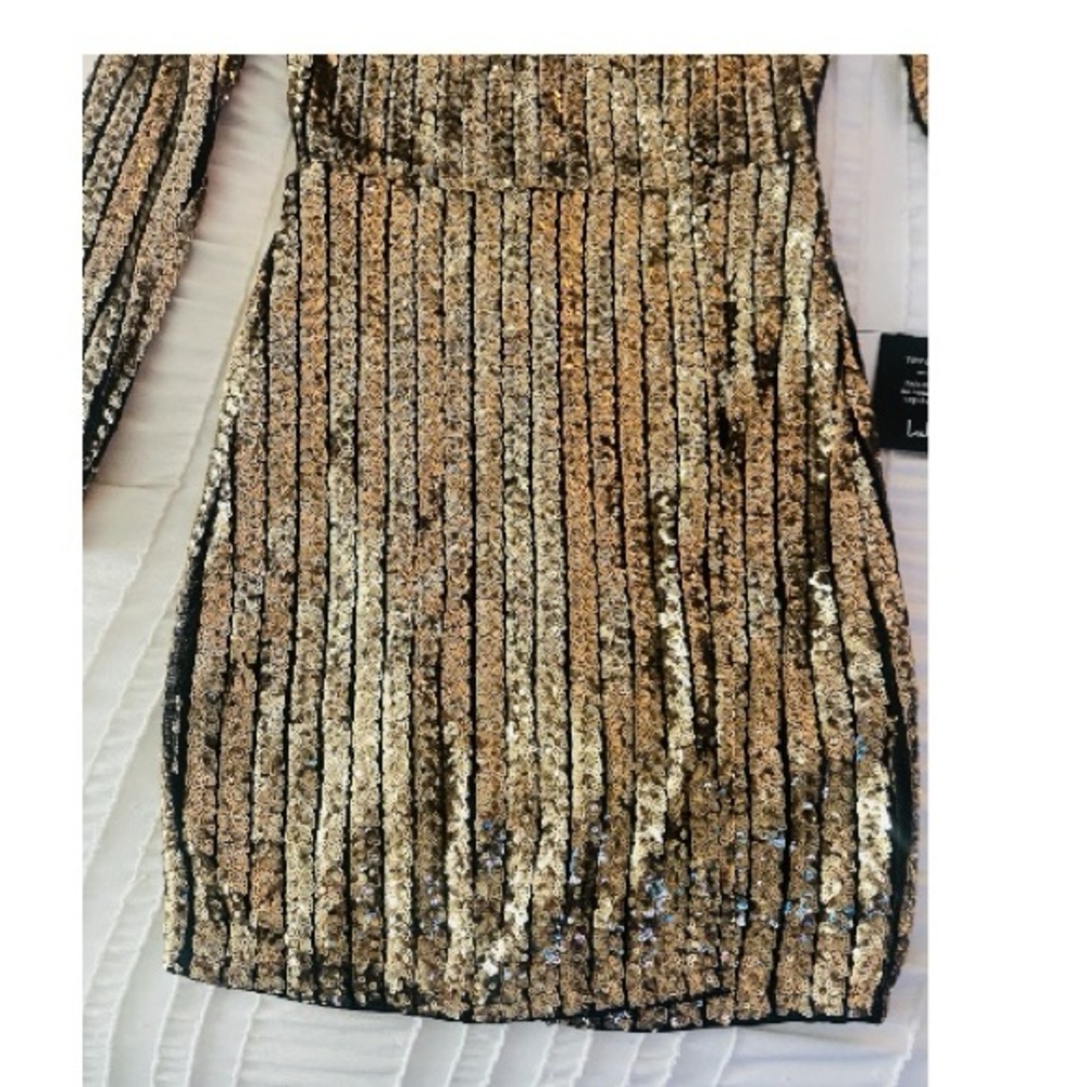 NWT Lulu's Elegant Gold Sequin Black Party Tulip Mini Dress |  New Years Eve - Picture 9 of 16